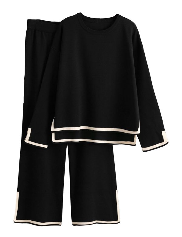 61Pf7iG8U2L.jpg Women's 2 Piece Outfits Long Sleeve Knit Sweater Top Wide Leg Pants Lounge Sets Tracksuits