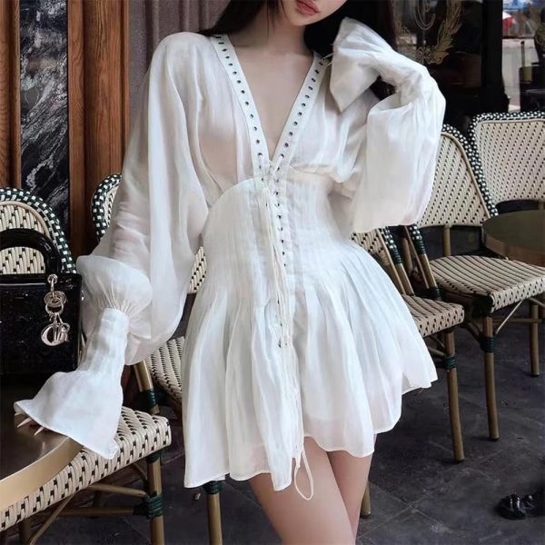 61T039dga1L.jpg Modern Summer Minimalist Mini Dress Women V Neck Lace Up Casual Everyday Dress