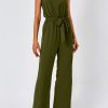 61TCX2-MubL.jpg Jumpsuits For Women Dressy Summer One Piece Sleeveless Ruffle Mock Neck Belt Pockets Formal Wide Leg Pants Romper