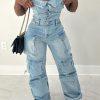 61U1KRVHJzL.jpg Women's Cargo Denim Jumpsuit Strapless Multi Pockets Wide Leg Loose Baggy Jean Romper Cargo Jeans