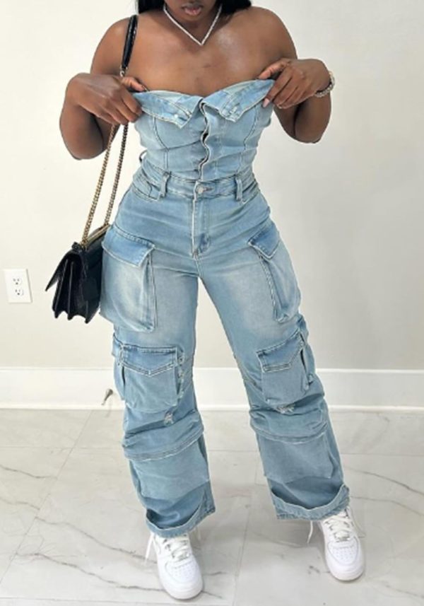 61U1KRVHJzL.jpg Women's Cargo Denim Jumpsuit Strapless Multi Pockets Wide Leg Loose Baggy Jean Romper Cargo Jeans
