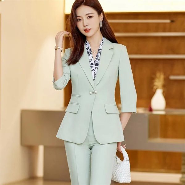 61V5AwiYfL.jpg Women Summer Temperament Style Professional Slim Blazer and Pants Two Piece Sets Office Work Wear Yellow Suits