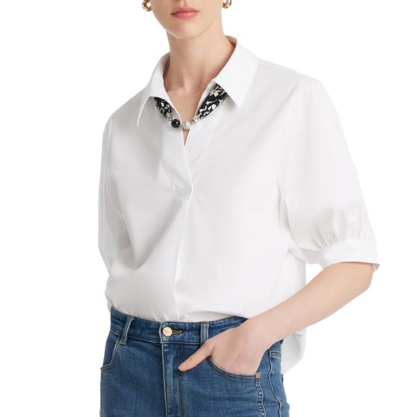 61VtUk4OmXL.jpg Business Casual Tops for Women Elegant V Neck White Dress Shirts Puff Sleeve Blouse for Work with Attached Silk Scarf
