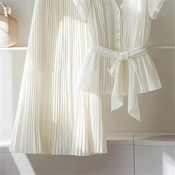 61VzgnGDzZL.jpg Womens 2 Piece Chiffon Outfits Short Sleeve Blouse and Pleated A Line Long Skirt Set with Belt for Work Office