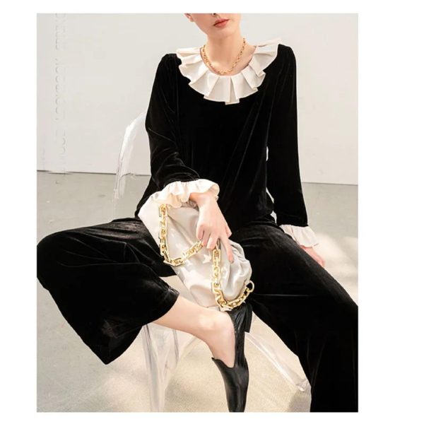 61WWjoL4gCL.jpg Plus Size Women's Velvet Suit - Fashion Collar Blouse & Wide Leg Trousers Contemporary Silhouette