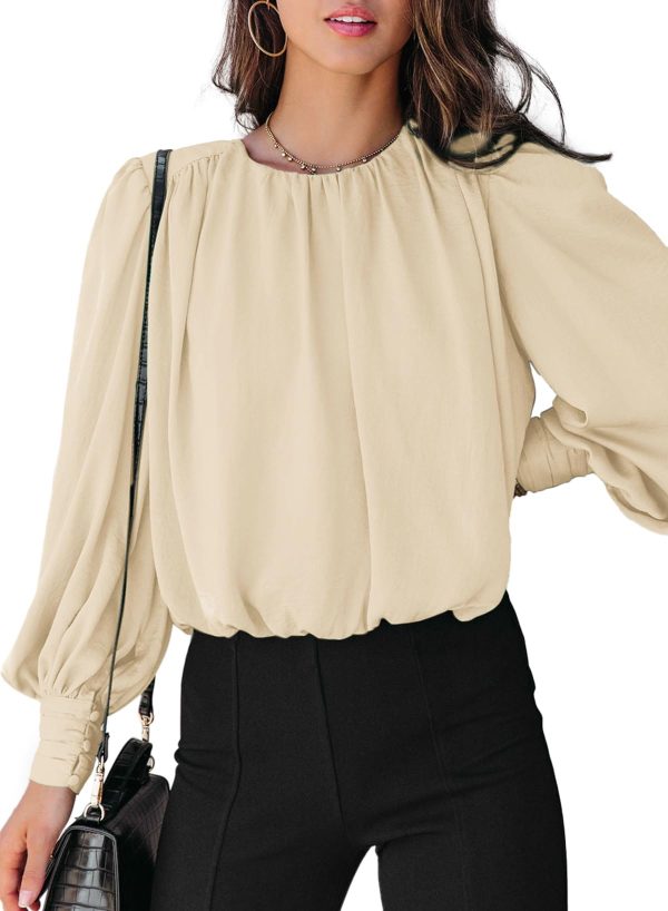 61YMc7Aaz-L.jpg Women's Tops Blouses for Women Casual Long Sleeve Shirts Crew Neck Bohemian Solid Color Spring Work Business