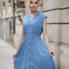 61ZsbRpzpTL.jpg Womens Summer Casual Dress V Neck Cap Sleeve Zipper Front Flowy Midi Dress with Pockets