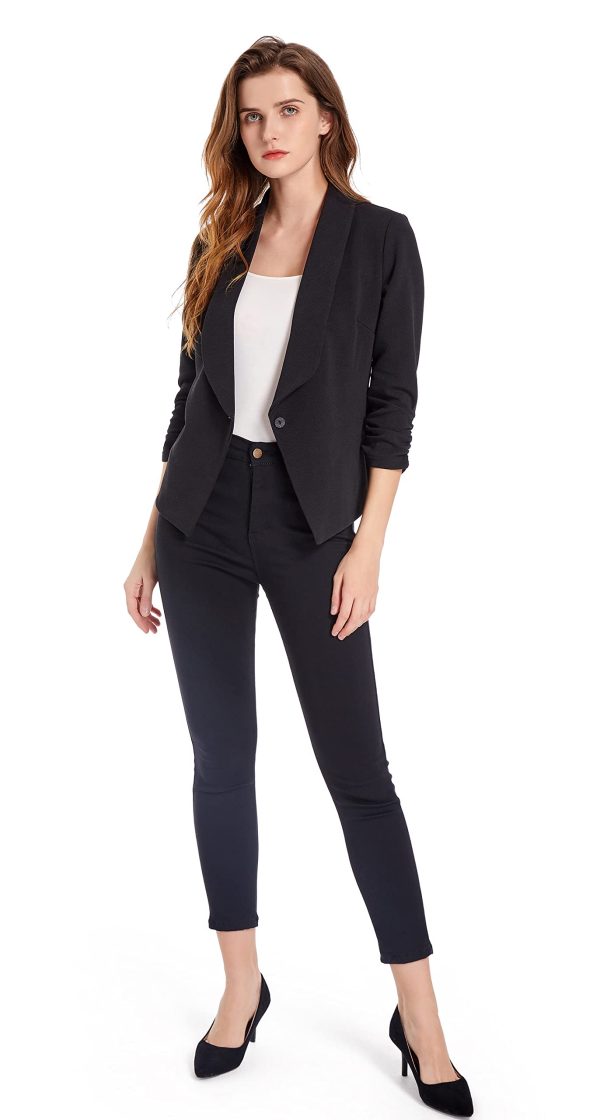 61bN1CV-YML.jpg Women's Soft Stretchy Lightweight Cardigan Blazer One Button 3/4 Ruched Sleeve Business Casual Blazer Jackets