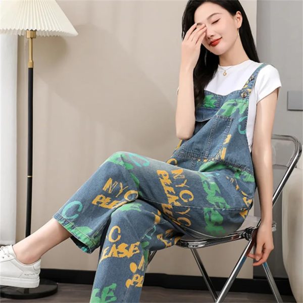 61d4TBz7qXL.jpg Women Printed Denim Overalls Sleeveless Wide Leg Denim Jumpsuits Loose Vintage Jumpsuits