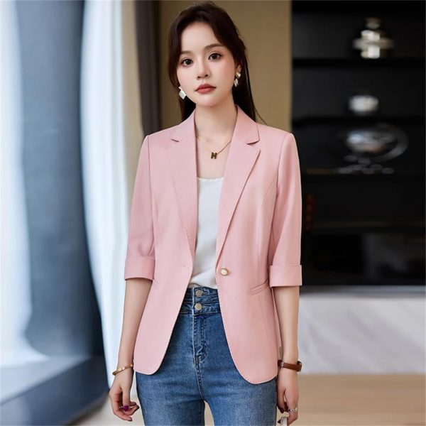 61dGyOhoYOL.jpg Women Spring Summer Elegant OL Thin Blazer Neck Half Sleeve Solid Suits Coats Office Work Jacket Tops