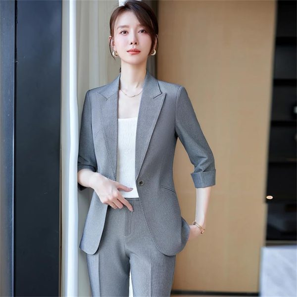 61eo8RQA5ML.jpg Women Half Sleeve Elegant Business Suits Spring Summer Formal Uniform Designs Pantsuits Professional Blazers Trousers Sets
