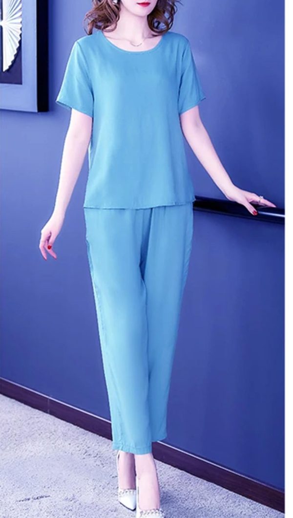 61f4EUYawXL.jpg Women's Summer Loungewear - Light Blue Cotton Blend Tee & Capris Moisture-Wicking
