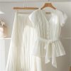 61f80NAfg6L.jpg Womens 2 Piece Chiffon Outfits Short Sleeve Blouse and Pleated A Line Long Skirt Set with Belt for Work Office