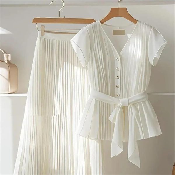 61f80NAfg6L.jpg Womens 2 Piece Chiffon Outfits Short Sleeve Blouse and Pleated A Line Long Skirt Set with Belt for Work Office