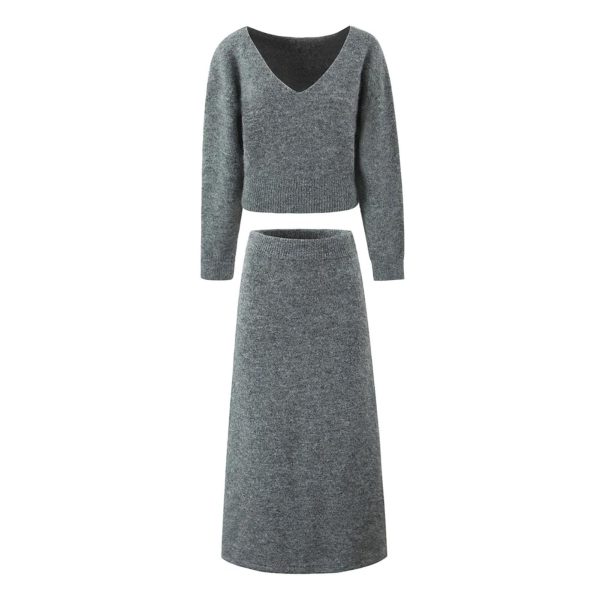61gz318xL.jpg Women's Knit Maxi Set - Bat Wing Sleeve V-Neck Sweater & A-Line Contour Skirt in Heather Gray