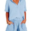 61iBYFZi9yL.jpg Women's Two Piece Outfits V Neck Short Sleeve Shirts and High Waist Shorts Lounge Sets