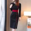 61klhyyeCYL.jpg Women Contrast Color Elegant Temperament Party Dresses Office High Waist Long Sleeve Slim Midi Dress