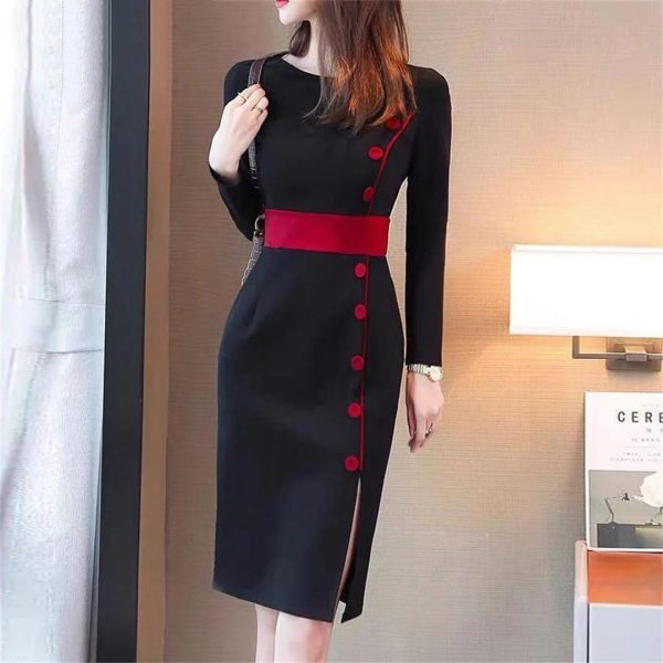 61klhyyeCYL.jpg Women Contrast Color Elegant Temperament Party Dresses Office High Waist Long Sleeve Slim Midi Dress