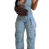 61mpheypWuL.jpg Women's Cargo Denim Jumpsuit Strapless Multi Pockets Wide Leg Loose Baggy Jean Romper Cargo Jeans