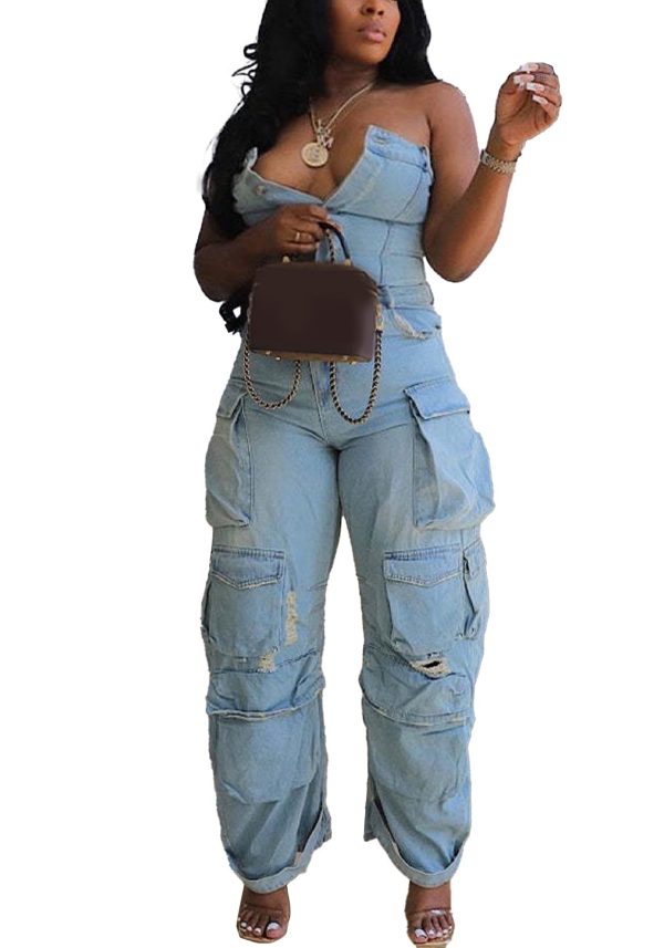 61mpheypWuL.jpg Women's Cargo Denim Jumpsuit Strapless Multi Pockets Wide Leg Loose Baggy Jean Romper Cargo Jeans