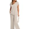 61oJawYNVL.jpg Two Piece Sets for Women Summer Outfits Lounge Sets V Neck Tops Wide Leg Pants Woman Vacation Travel Outfits