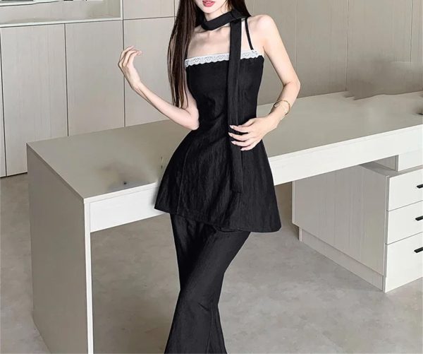 61oyozQVL.jpg Women's Lace Trim Set - V-Neck Halter Top & Draped Pants