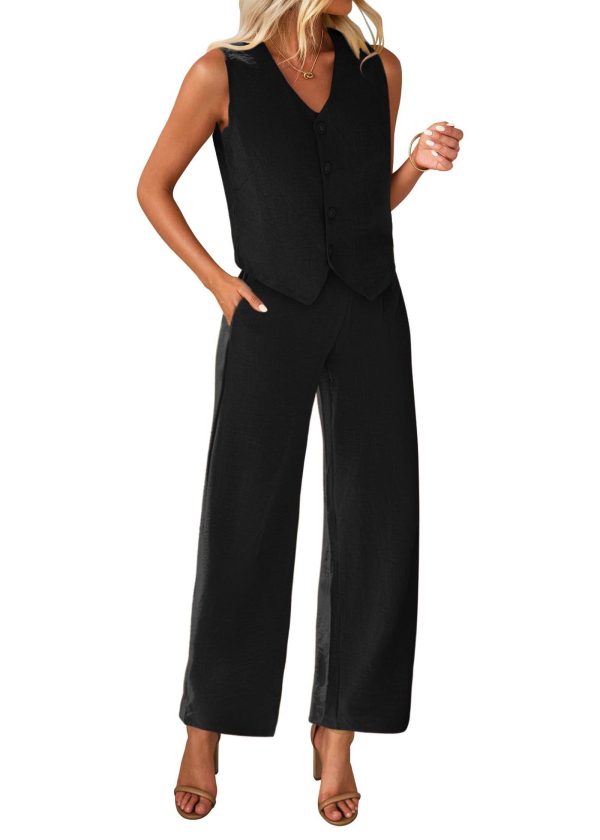61qYHLIZscL.jpg Womens Two Piece Outfits Summer Fashion Button V Neck Crop Vest Blazer and Wide Leg Pants Suit Matching Sets