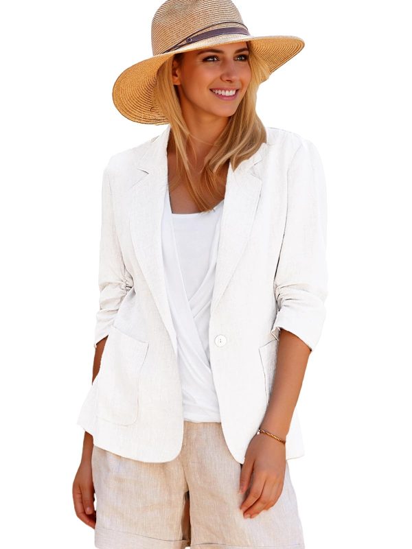 61ti3iffYCL.jpg 2025 Summer Linen Blazer Women Lightweight 3/4 Stretchy Ruched Sleeve Fully-Lined Casual Work Jacket with Pockets