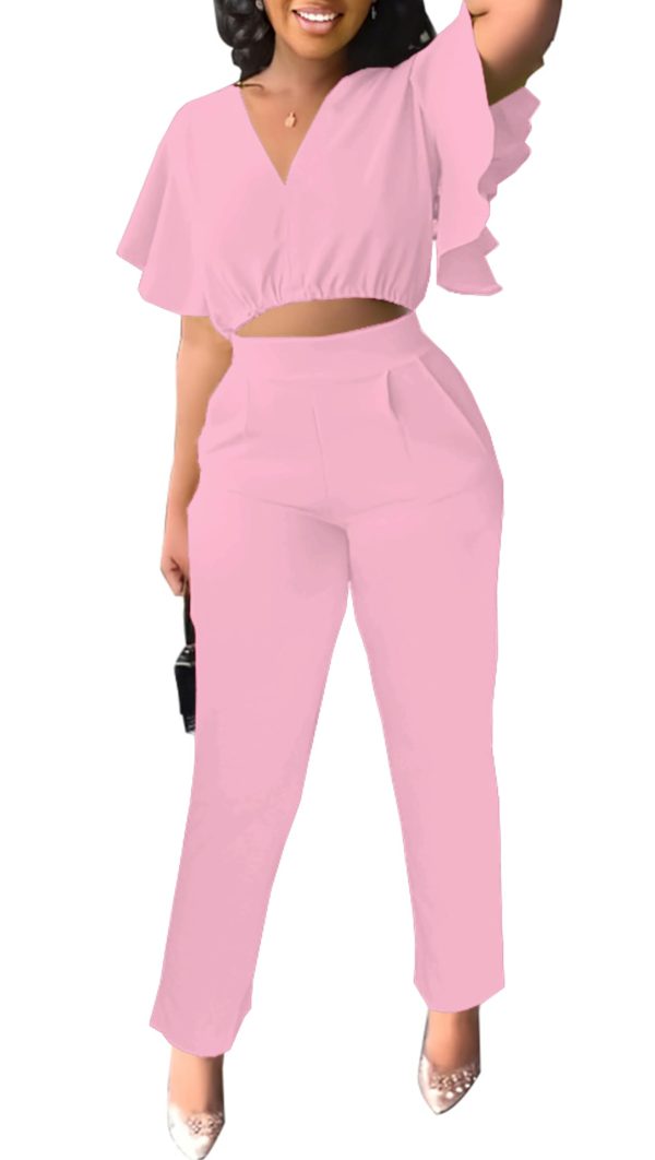 61vTCytisnL.jpg Womens Summer Two Piece Shorts Outfit Sexy Crop Top Butterfly Sleeve 2 pc Short Set Vacation Brunch Matching Set