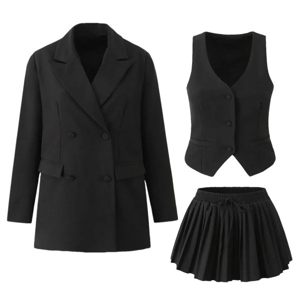 61whdBZ7nHL.jpg Women's 3-Piece Blazer Suit - Notched Twill Jacket & Bow Waist Pleated Skirt