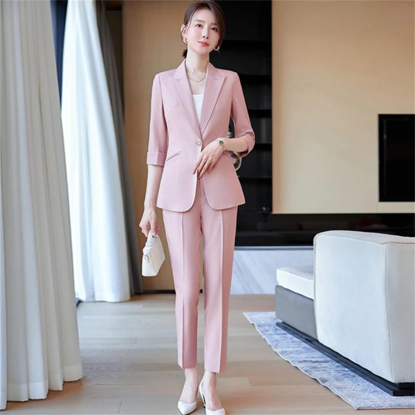 61yUuvl6eL.jpg Women Half Sleeve Elegant Business Suits Spring Summer Formal Uniform Designs Pantsuits Professional Blazers Trousers Sets