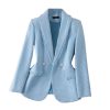 61yhRWTicGL.jpg Women's Long Sleeve Suit Jacket Double Breasted Tweed Blue White Blazer Coat Business Casual Work Outerwears