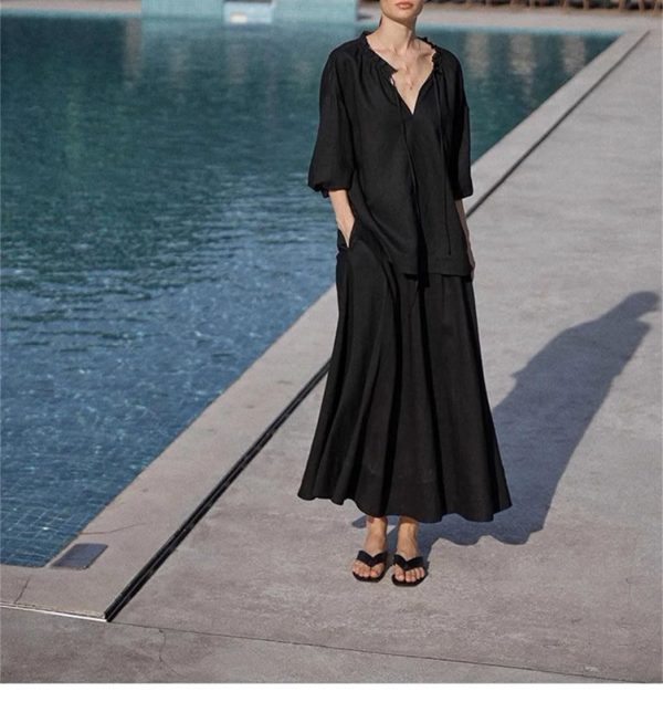 61za-NOxl1L.jpg Women's Linen Suit Set - Black Skirt Seven Sleeve Travel Business Ensemble
