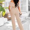 7100chR-fL.jpg Women's Sexy Off Shoulder Ruffle Jumpsuits Elegant Wide Leg Long Pants Clubwear Rompers with Pockets