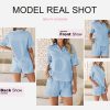 713iJCxRe3L.jpg Women's Two Piece Outfits V Neck Short Sleeve Shirts and High Waist Shorts Lounge Sets