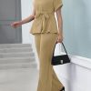 715AzNbaCYL.jpg Women's 2 Piece Outfits Suit Set Short Sleeve Peplum Top Flared Pants Sets Business Pantsuits