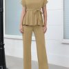 715Vgy85KtL.jpg Women's 2 Piece Outfits Suit Set Short Sleeve Peplum Top Flared Pants Sets Business Pantsuits