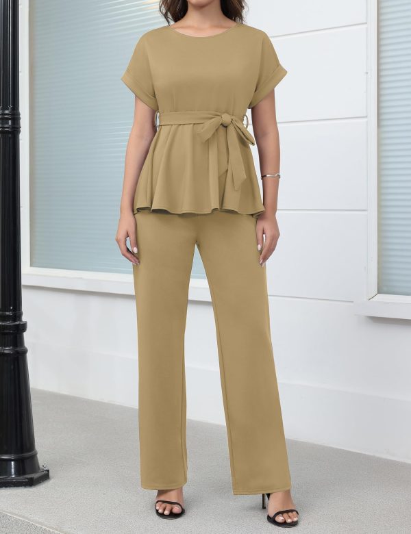 715Vgy85KtL.jpg Women's 2 Piece Outfits Suit Set Short Sleeve Peplum Top Flared Pants Sets Business Pantsuits