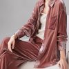 717opZimugL.jpg Women's Silky Velvet Suit - Contrast Trim Shirt & Wide-Loose Pants Elegant Style
