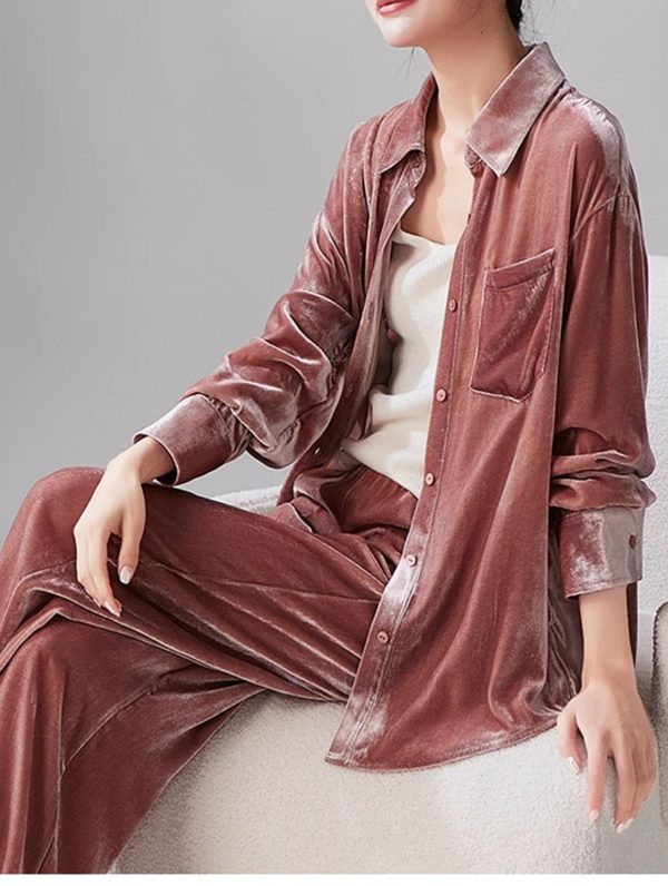 717opZimugL.jpg Women's Silky Velvet Suit - Contrast Trim Shirt & Wide-Loose Pants Elegant Style