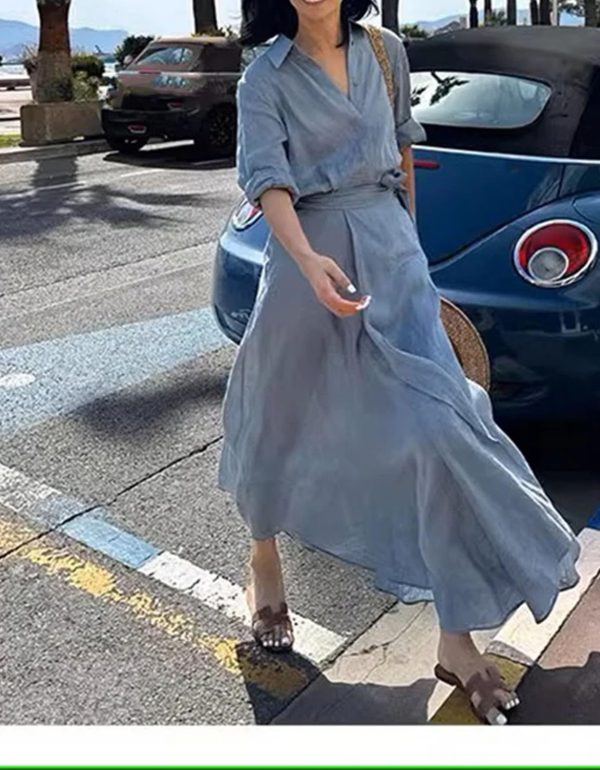 71DSx5vDraL.jpg Women's Linen Set - Navy Shirt Dress & Skirt Versatile Travel Ensemble