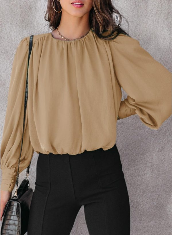 71DxrwDsAnL.jpg Women's Tops Blouses for Women Casual Long Sleeve Shirts Crew Neck Bohemian Solid Color Spring Work Business