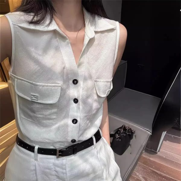 71FslKPlsnL.jpg Women's Linen Vest Set - High Waist Wide Leg Pants