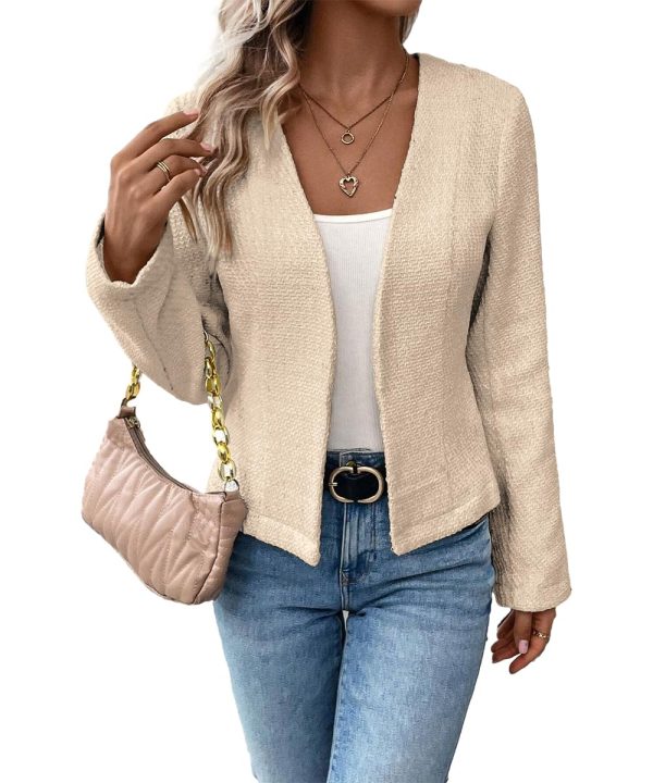 71HR5Ds2lmL.jpg 2025 Women's Spring Tweed Blazer Fully-Lined Collarless Open Front Elegant Petite Cute Fashion Casual Work Jacket
