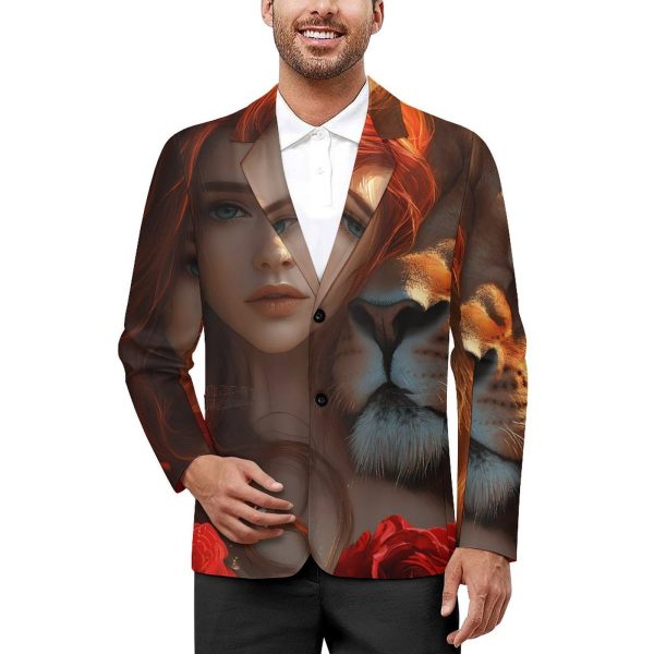 71HkqXCM0bL.jpg Red Hair Woman Lion Rose Funny Suits Blazer for Men Business Jacket 2 Button Sport Coat Wedding Office