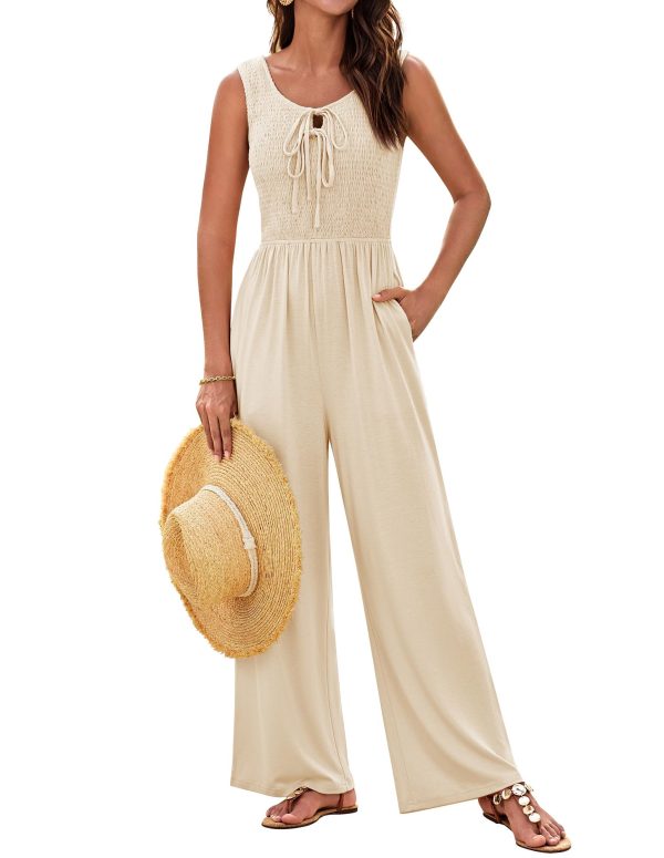 71IctJH3dL.jpg Jumpsuits for Women Bow Tie Front Overalls Smocked Tops Wide Legs Casual Knitted Outfits with Pockets