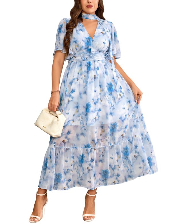 71Il8z6hfBL.jpg Women's 2025 Floral Summer Dress Smocked V Neck Boho Plus Size Beach Party Wedding Guest Ruffle Long Dresses