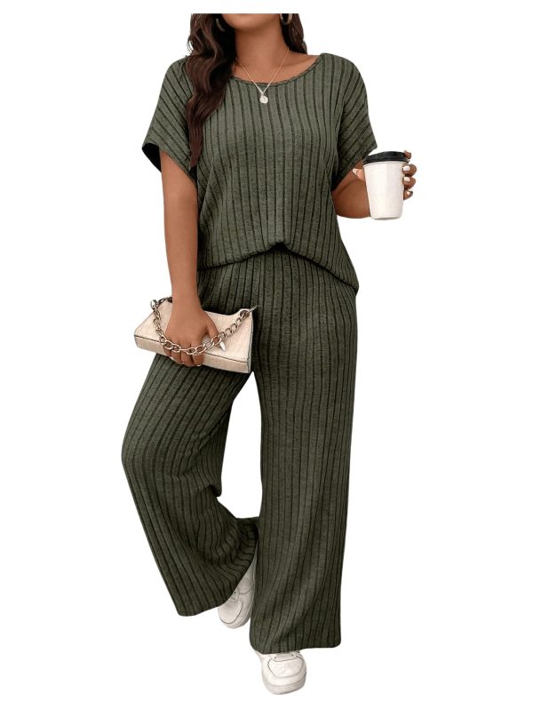 71JXNHIiRL.jpg Women's Plus Size Short Sleeve Tee Shirt Wide Leg Pants 2 Piece Tracksuit