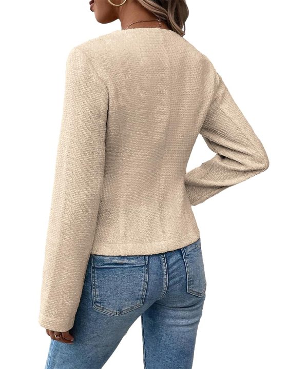 71JgsWnJaQL.jpg 2025 Women's Spring Tweed Blazer Fully-Lined Collarless Open Front Elegant Petite Cute Fashion Casual Work Jacket