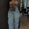 71NPBWeKaRL.jpg Women's Cargo Denim Jumpsuit Strapless Multi Pockets Wide Leg Loose Baggy Jean Romper Cargo Jeans